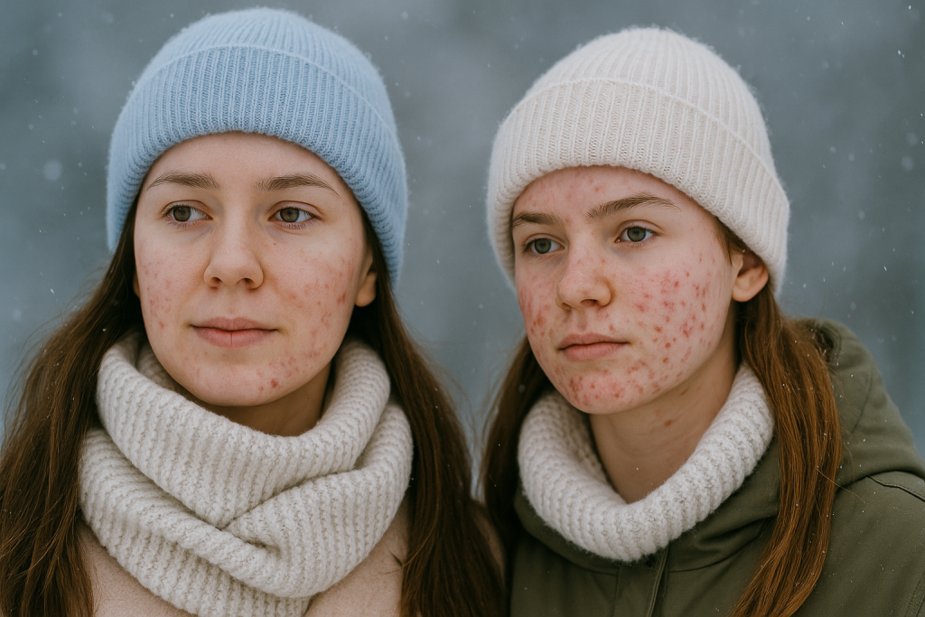 Mum and daugther in winter with acne